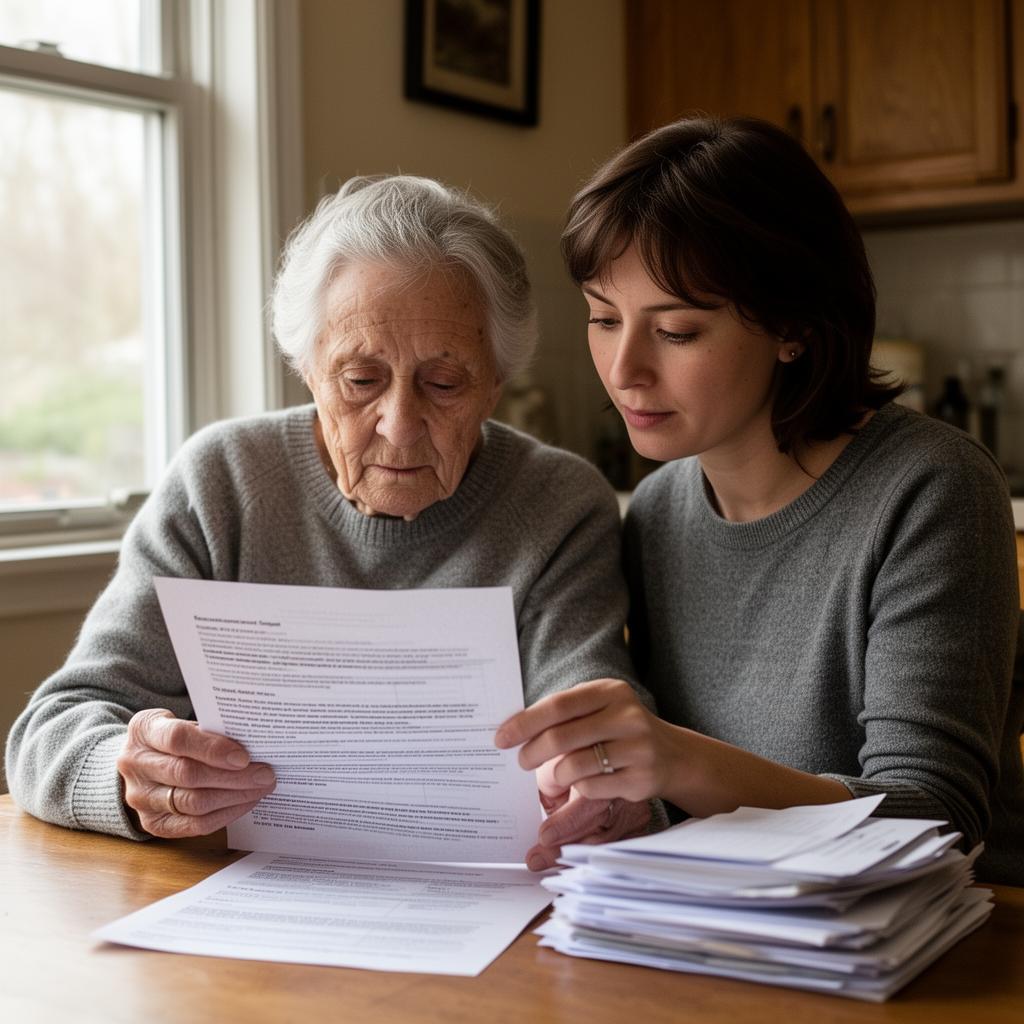 An adult child sitting beside their elderly parent at a kitchen table at home, helping them review estate planning documents in soft natural window light.