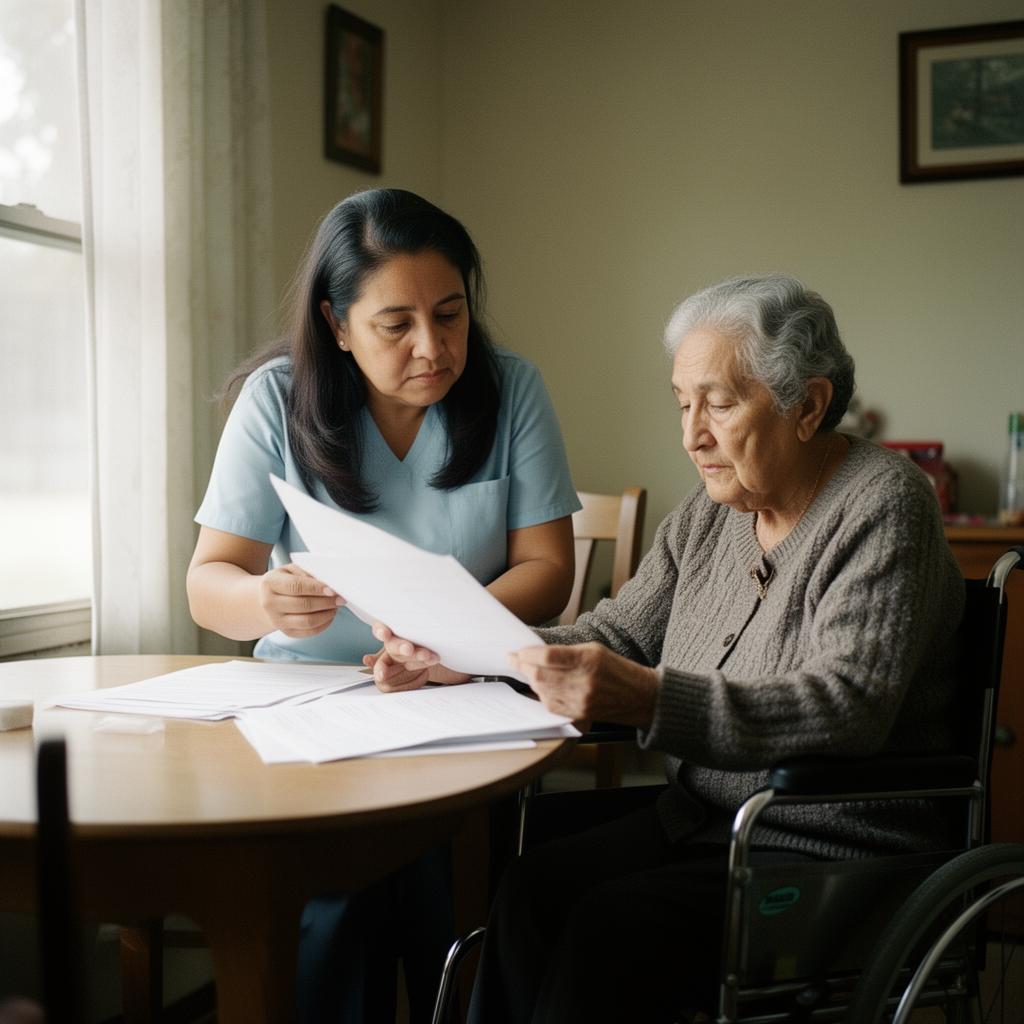 A caregiver helping an older parent in a wheelchair review documents at a small dining table.
