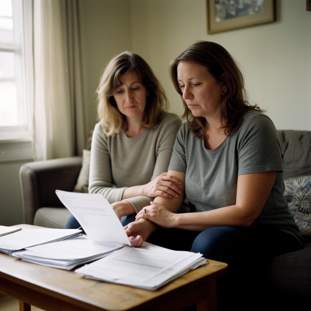 A same-sex couple sitting together on a sofa at home, quietly reviewing paperwork on a coffee table.